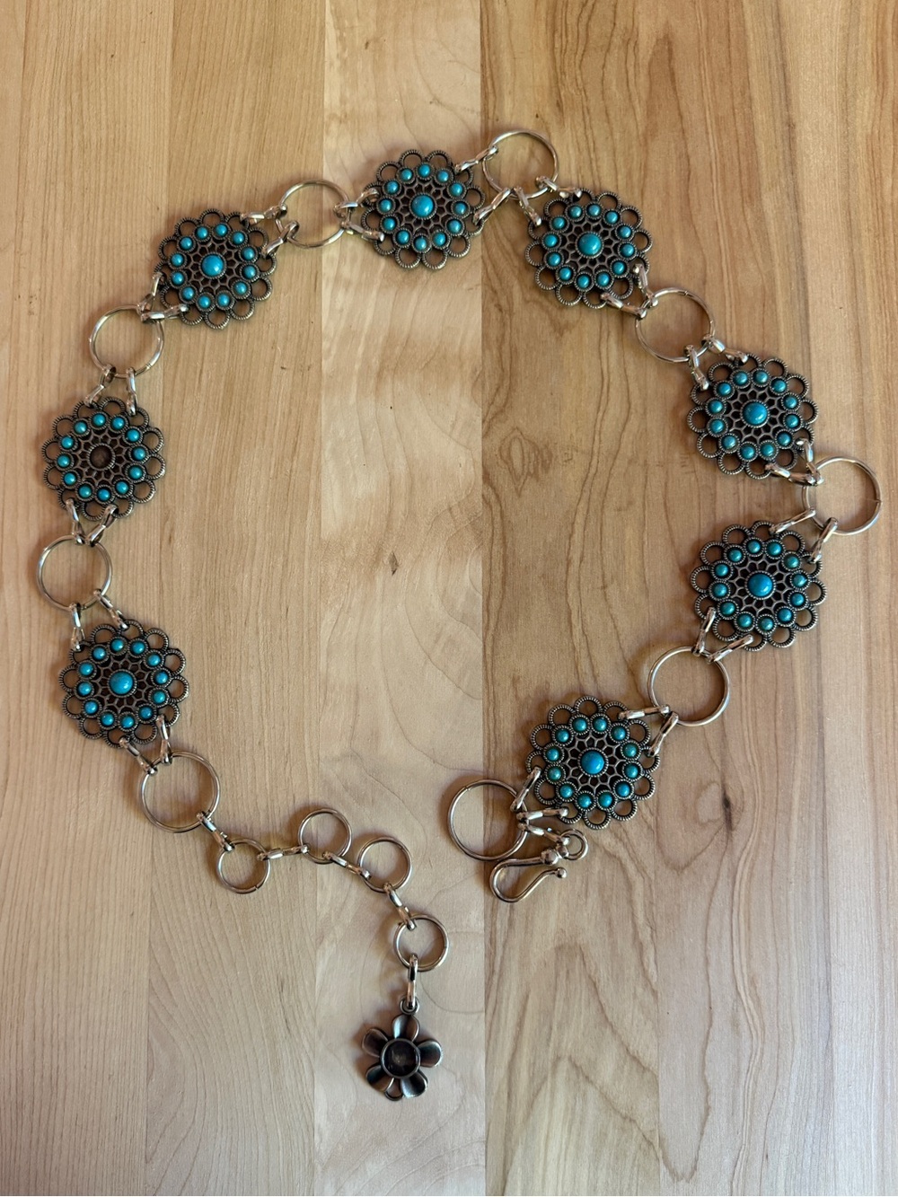 Western Boho Concho Chain Belt Faux Turquoise Filigree Medallion Adjustable Y2K